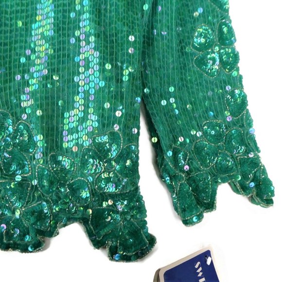 SiLK Vintage SWEE LO 80s Top Full Floral Sequin Disco Silk Emerald Green XXL - Picture 7 of 12